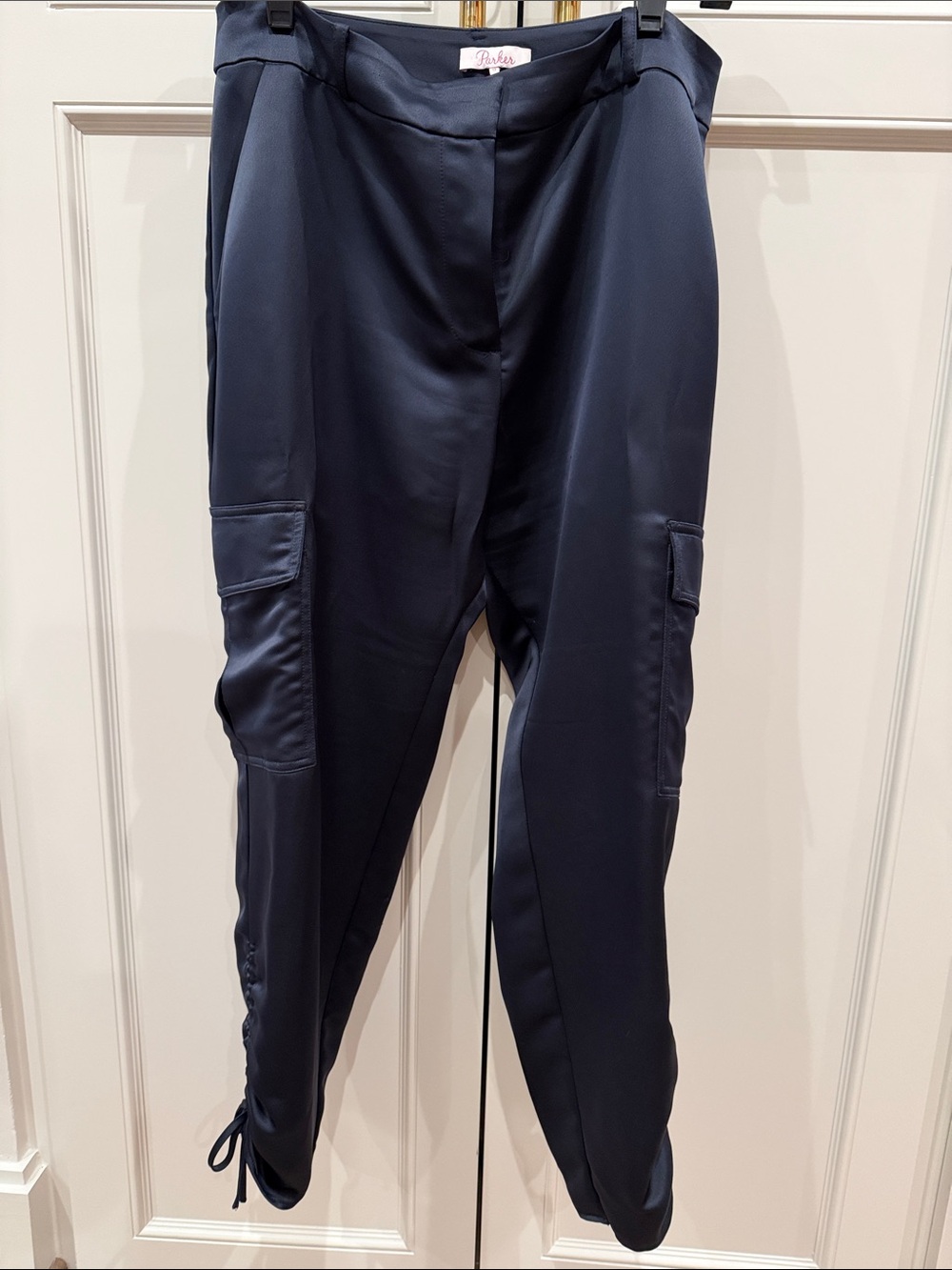 Parker Navy Satin-Finish Cargo Joggers with Ruching and Ties